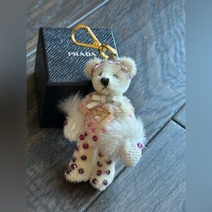 PRADA KEY RING HOLDER BAG CHARM AUTH BEAR BEADS LOGO PLATE RIBBON
